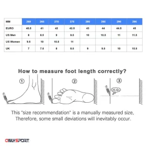 چارت سایز کفش های ورزشی میزانو - اونلی اسپرت