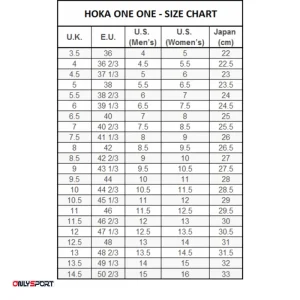 جدول سایز کفش هوکا - جدول سایز هوکا